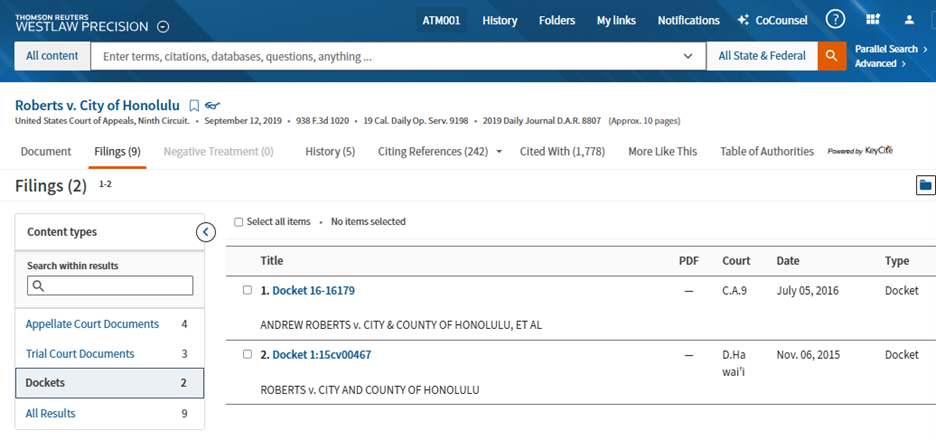 Docket lookup from a case opinion in Westlaw Precision.